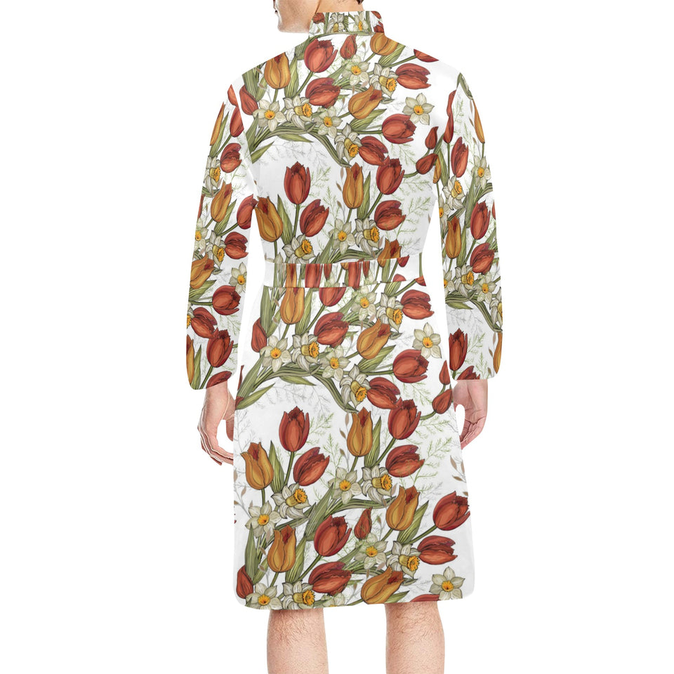 Red tulips and daffodils pattern Men's Long Sleeve Belted Night Robe
