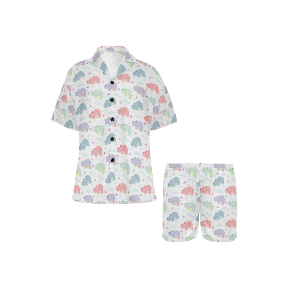 Hippopotamus Pattern Print Design 03 Women's V-Neck Short Pajama Set