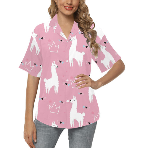 Llama Alpaca pink background Women's All Over Print Hawaiian Shirt