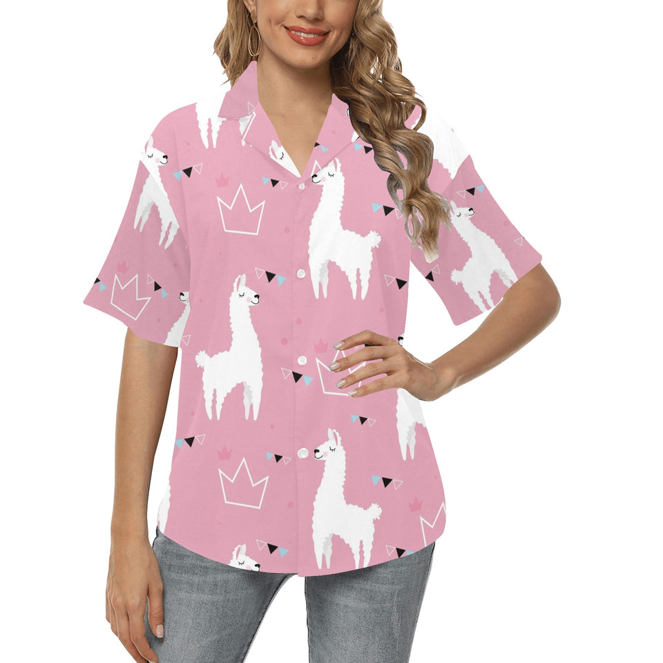 Llama Alpaca pink background Women's All Over Print Hawaiian Shirt