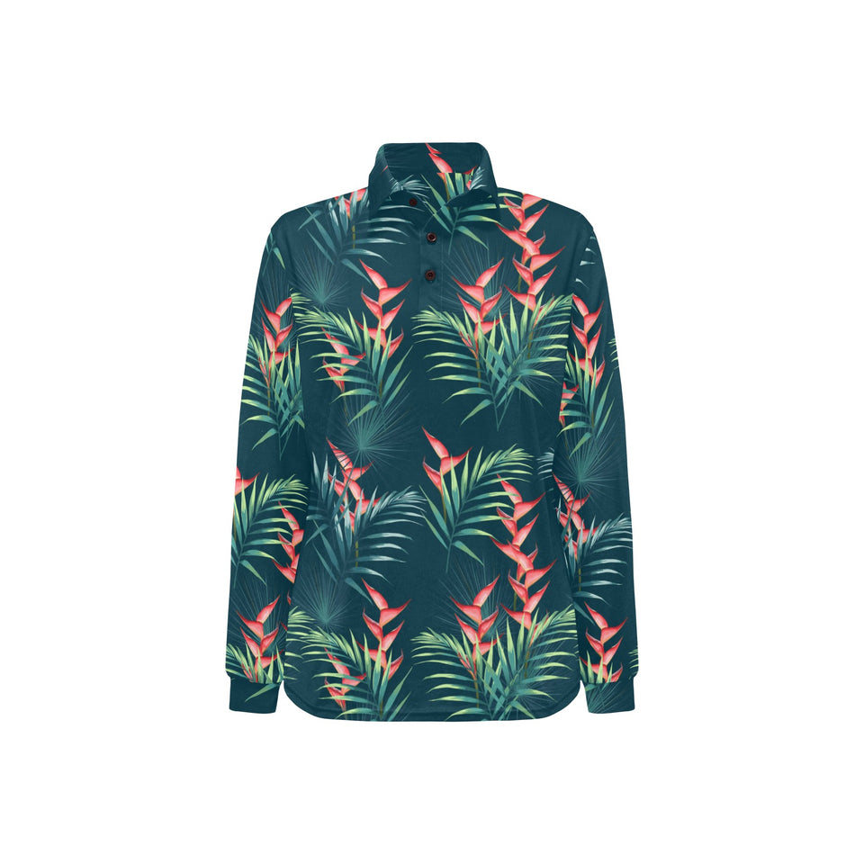 heliconia flowers, palm and monstera leaves on bla Women's Long Sleeve Polo Shirt