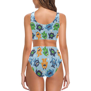 Alien Pattern Print Design 04 Chest Bowknot High Waisted Bikini Swimsuit