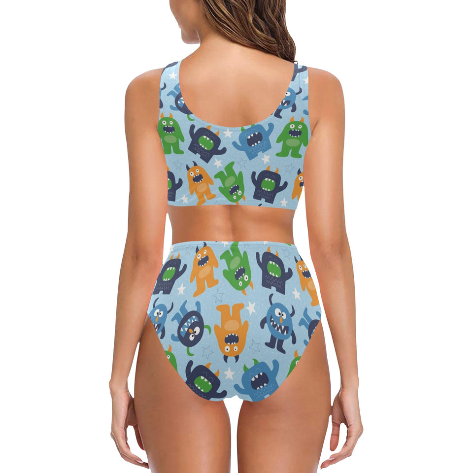 Alien Pattern Print Design 04 Chest Bowknot High Waisted Bikini Swimsuit