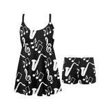 Saxophone music notes treble clef black white them Chest Sexy Pleated Two Piece Swim Dress