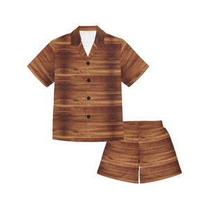 Wood Printed Pattern Print Design 04 Kids' Boys' Girls' V-Neck Short Pajama Set