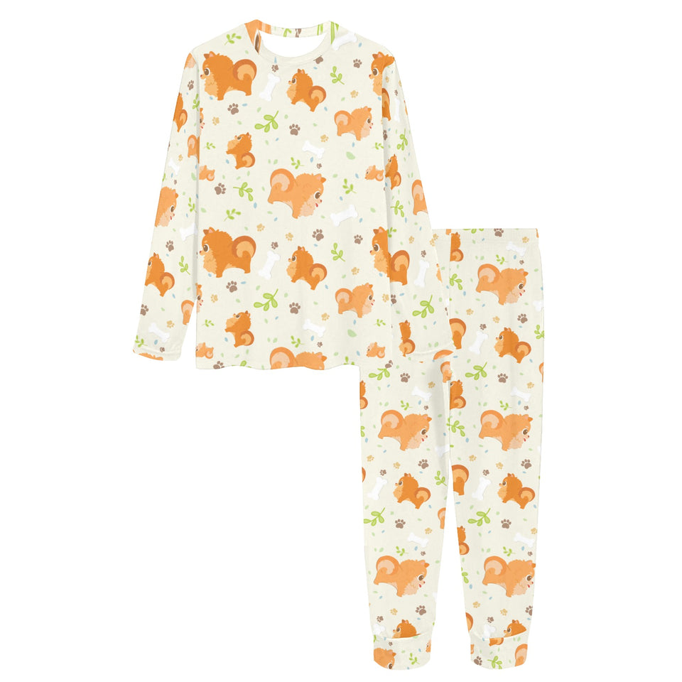 Cute brown pomeranian paw leave bone pattern Women's All Over Print Pajama Set