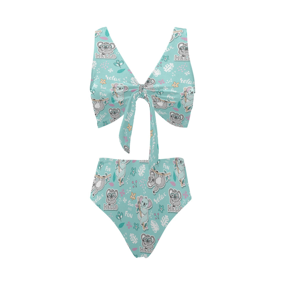 Cute koalas blue background pattern Chest Bowknot High Waisted Bikini Swimsuit