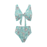 Cute koalas blue background pattern Chest Bowknot High Waisted Bikini Swimsuit