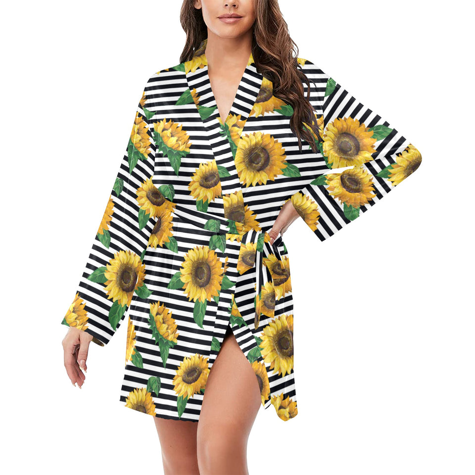 sunflowers ribbon background Women's Long Sleeve Belted Night Robe