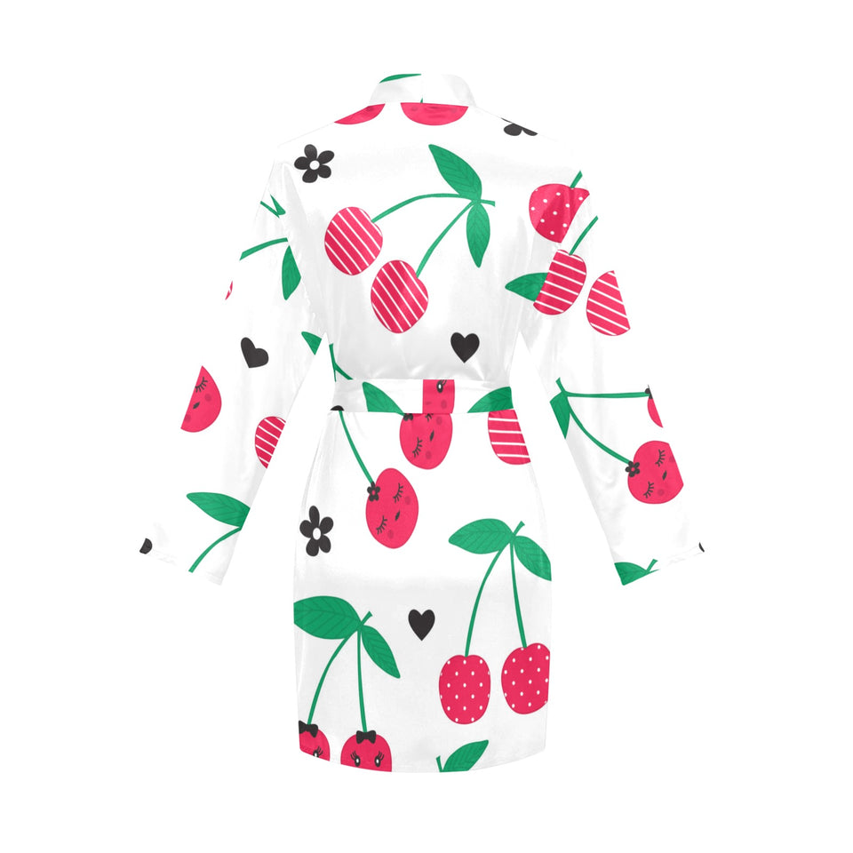 cherry pattern white background Women's Long Sleeve Belted Night Robe