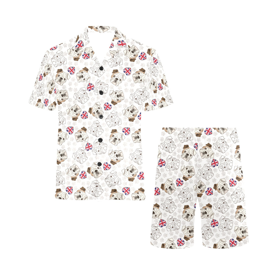 English Bulldog Pattern Print Design 01 Men's V-Neck Short Pajama Set