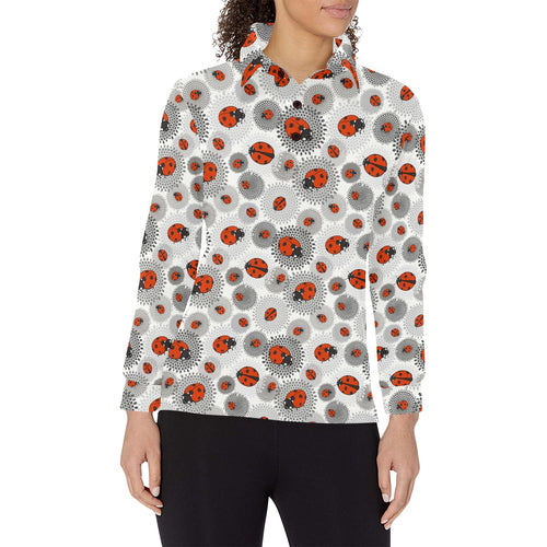 Ladybug Pattern Print Design 05 Women's Long Sleeve Polo Shirt