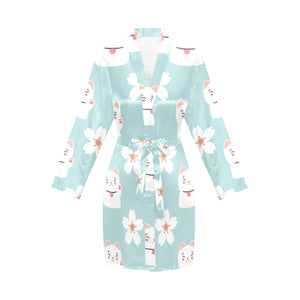 Maneki neko cat sakura Women's Long Sleeve Belted Night Robe