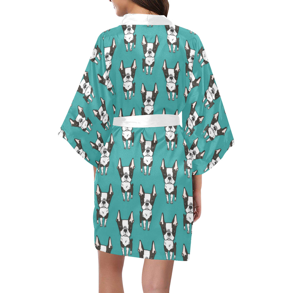 Hand drawn boston terrier dog pattern Women's Short Kimono Robe