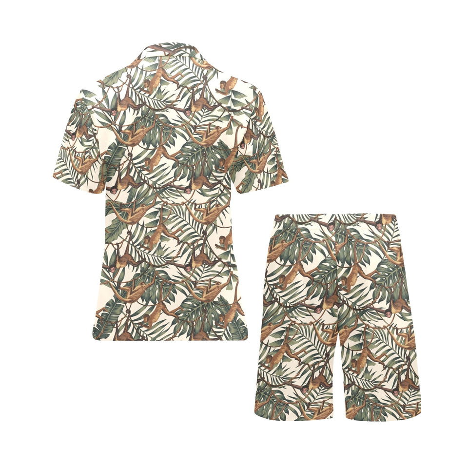 Monkey tropical leaves background Men's V-Neck Short Pajama Set