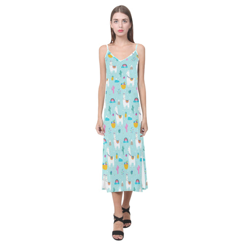 Llama alpaca cactus leaves pattern V-Neck Open Fork Long Dress