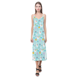 Llama alpaca cactus leaves pattern V-Neck Open Fork Long Dress