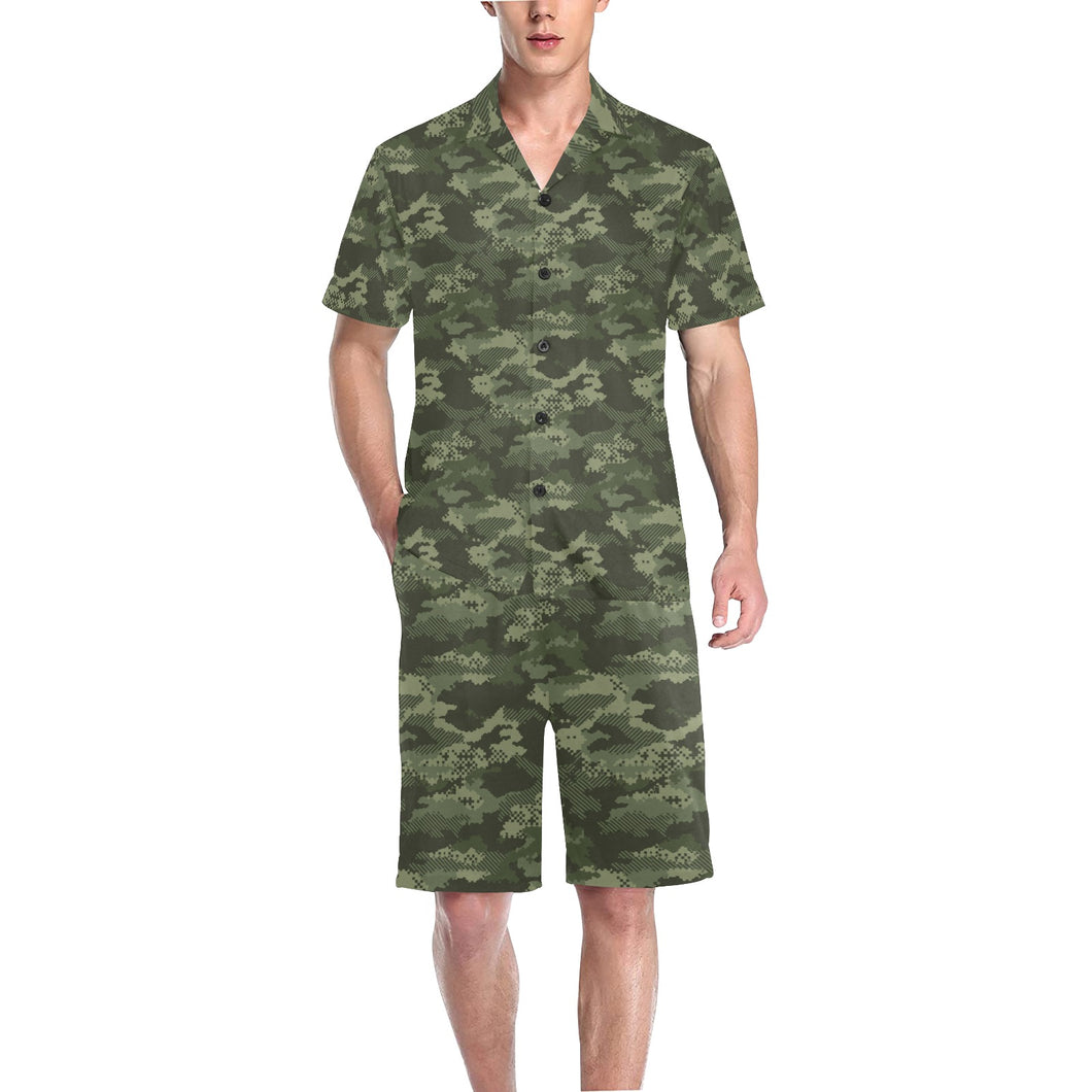 Digital Green camouflage pattern Men's V-Neck Short Pajama Set