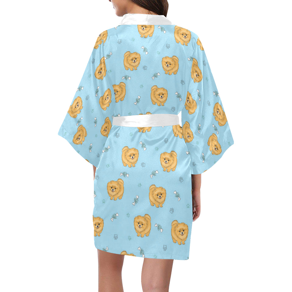 Brown cute pomeranian blue blackground Women's Short Kimono Robe