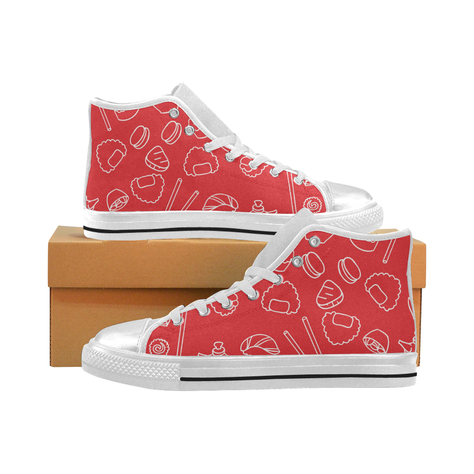 sushi pattern red background Women's High Top Canvas Shoes White