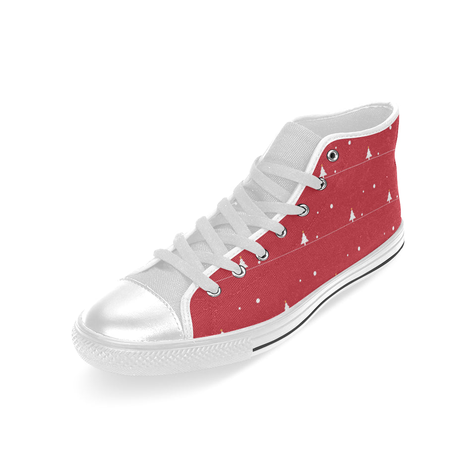 Christmas tree star snow red background Men's High Top Canvas Shoes White