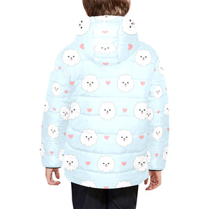 White cute pomeranian pattern Kids' Boys' Girls' Padded Hooded Jacket