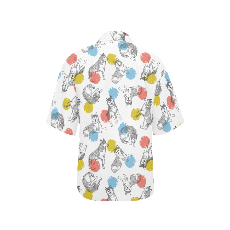 Siberian husky and colorful circle pattern Women's All Over Print Hawaiian Shirt
