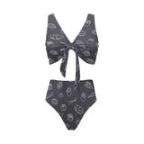 sushi pattern black background Chest Bowknot High Waisted Bikini Swimsuit