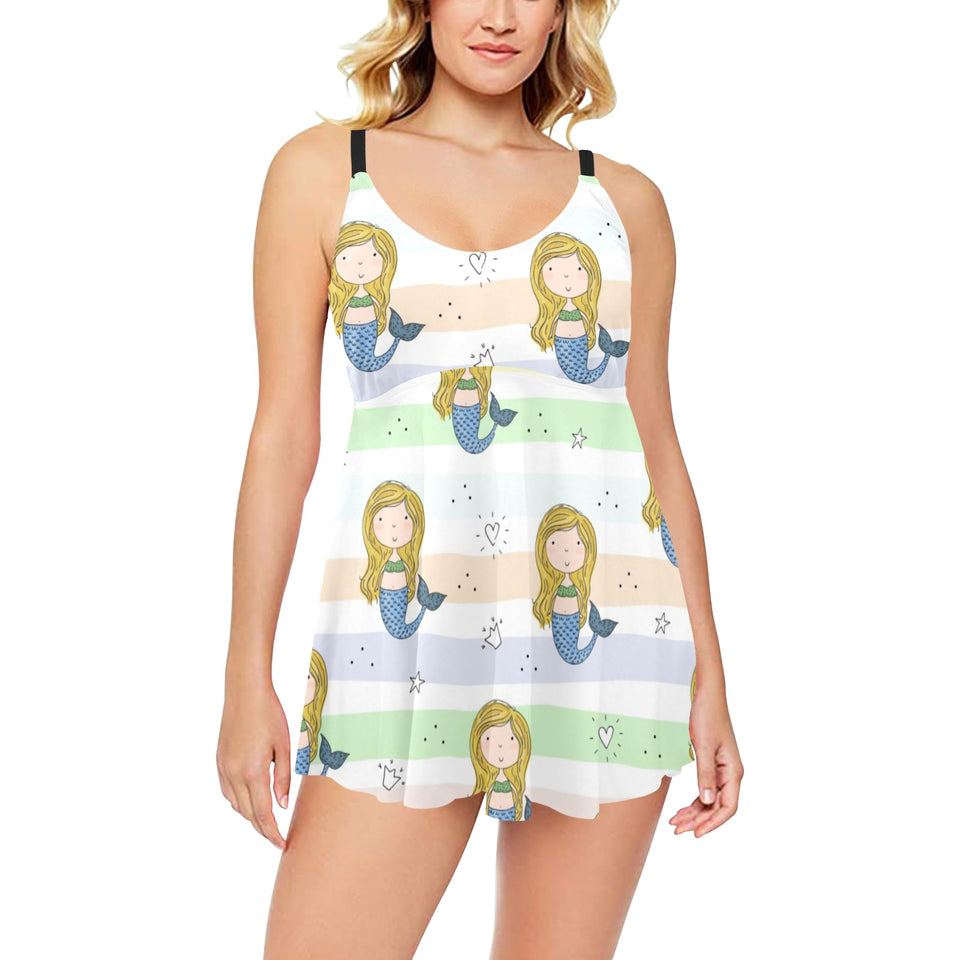 Cute hand drawn mermaid Chest Sexy Pleated Two Piece Swim Dress