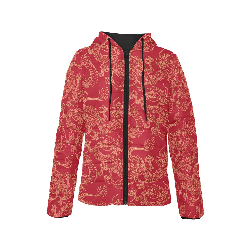 Gold dragons red background Women's Padded Hooded Jacket