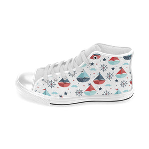 Cute color paper sailboat pattern Men's High Top Canvas Shoes White