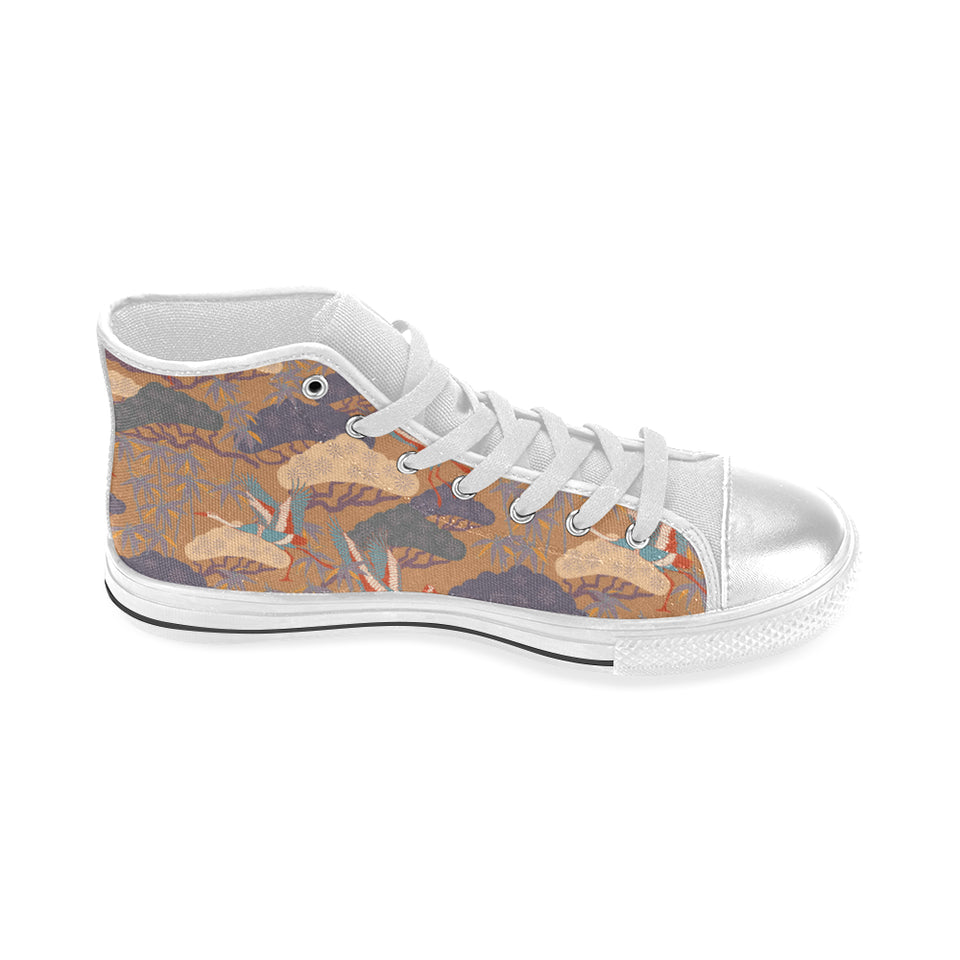 Bonsai bamboo stork japanese pattern brown theme Women's High Top Canvas Shoes White