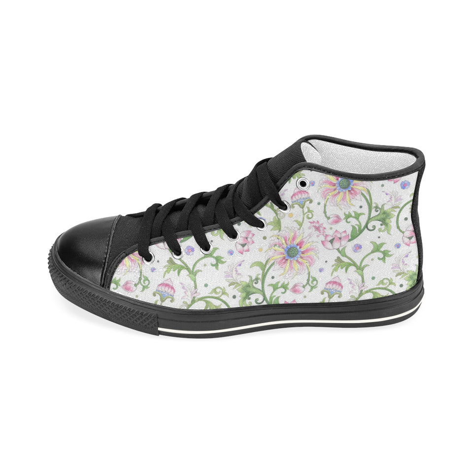 Beautiful pink lotus waterlily leaves pattern Women's High Top Canvas Shoes Black