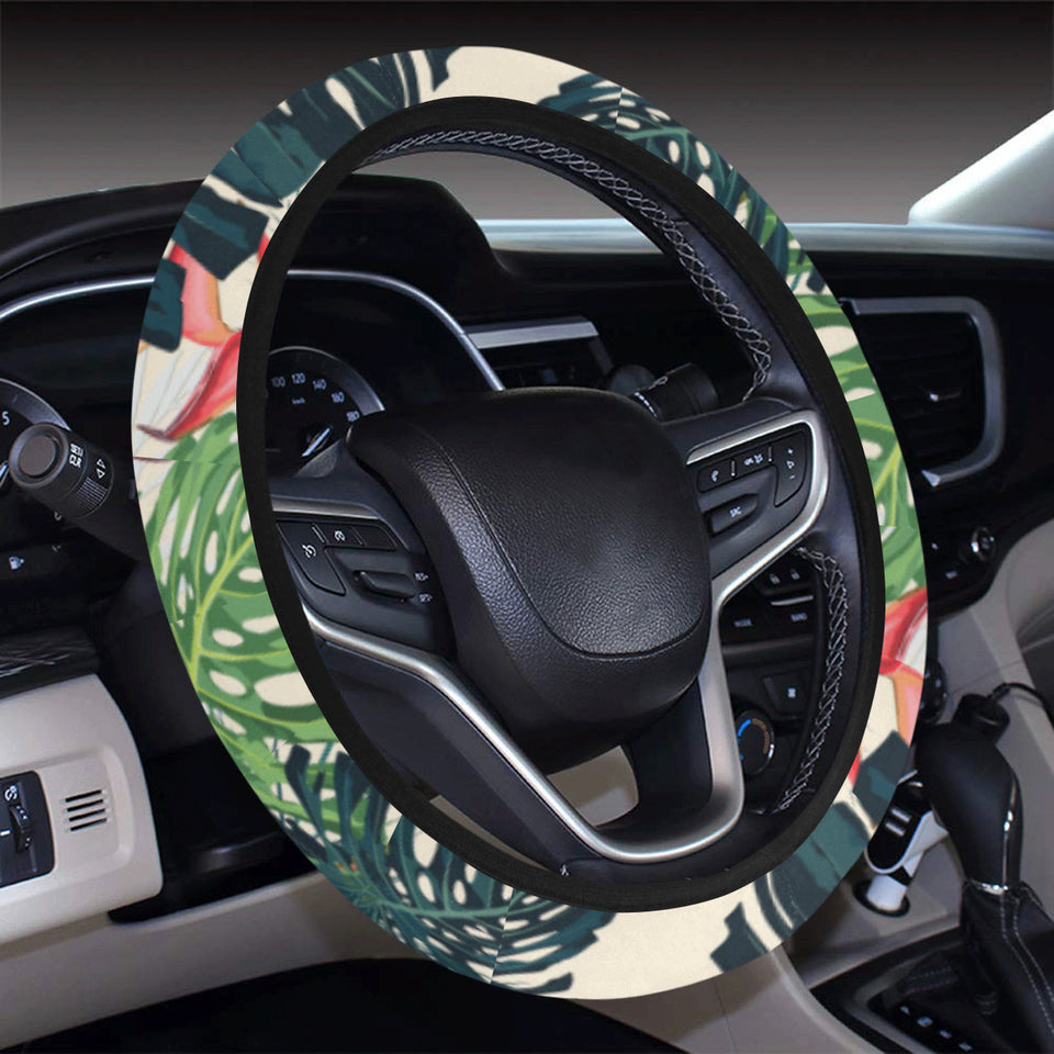 heliconia flowers, palm and monstera leaves Car Steering Wheel Cover