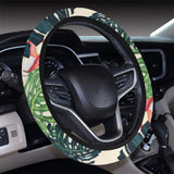 heliconia flowers, palm and monstera leaves Car Steering Wheel Cover
