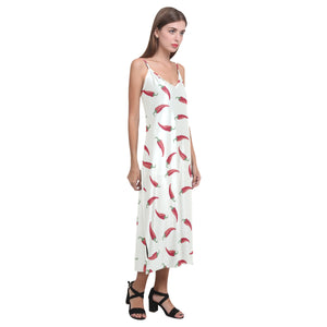 Chili peppers pattern V-Neck Open Fork Long Dress