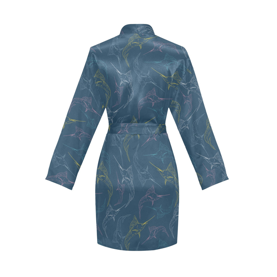 Swordfish Pattern Print Design 02 Women's Long Sleeve Belted Night Robe