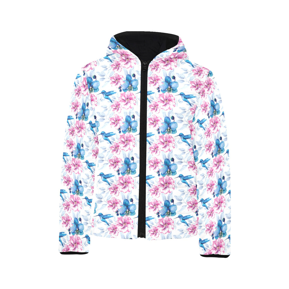 Hummingbird Pattern Print Design 02 Kids' Boys' Girls' Padded Hooded Jacket