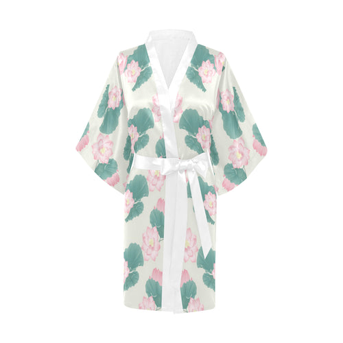 Pink lotus waterlily leaves pattern Women's Short Kimono Robe