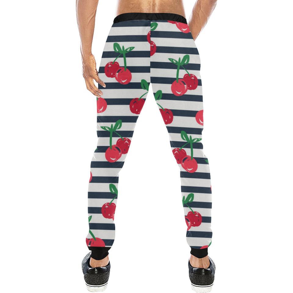 Hand drawn cherry pattern striped background Unisex Casual Sweatpants