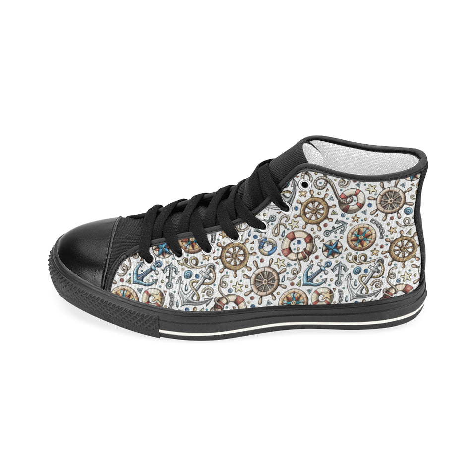 Cute nautical steering wheel anchor pattern Women's High Top Canvas Shoes Black
