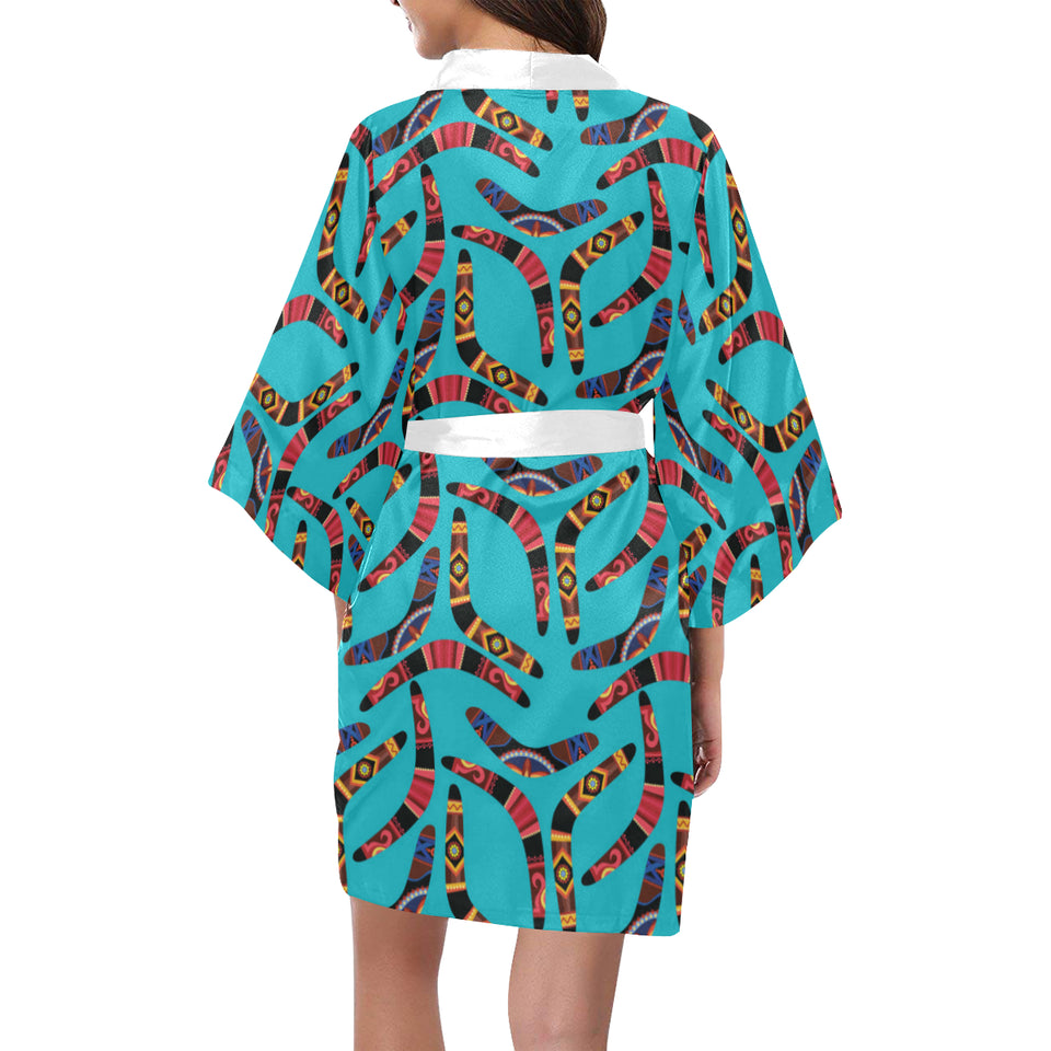 Boomerang Australian aboriginal ornament blue back Women's Short Kimono Robe