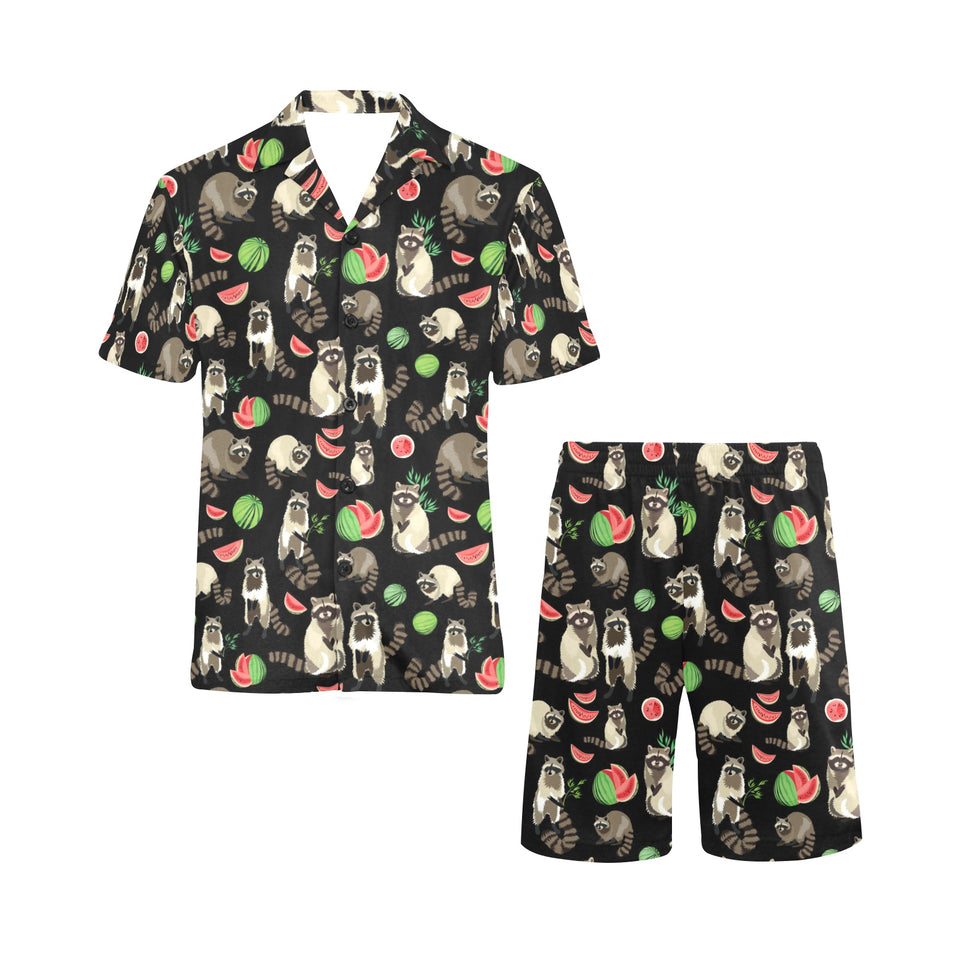 Raccoon watermelon pattern Men's V-Neck Short Pajama Set