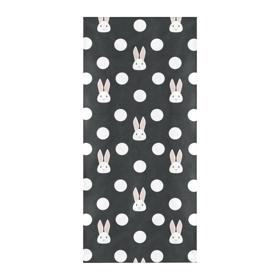 Cute white rabbit polka dots black background Beach Towel