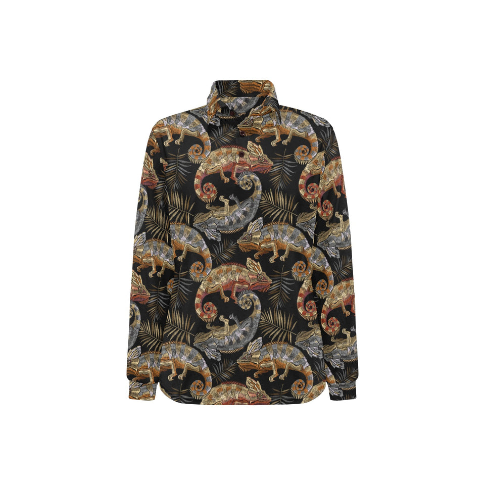 Chameleon lizard tropical leaves palm tree Women's Long Sleeve Polo Shirt