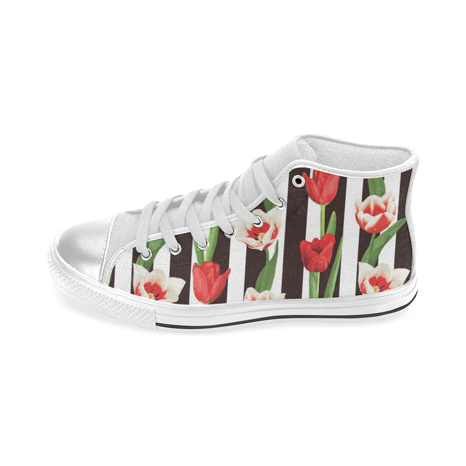 red and white tulips pattern Women's High Top Canvas Shoes White
