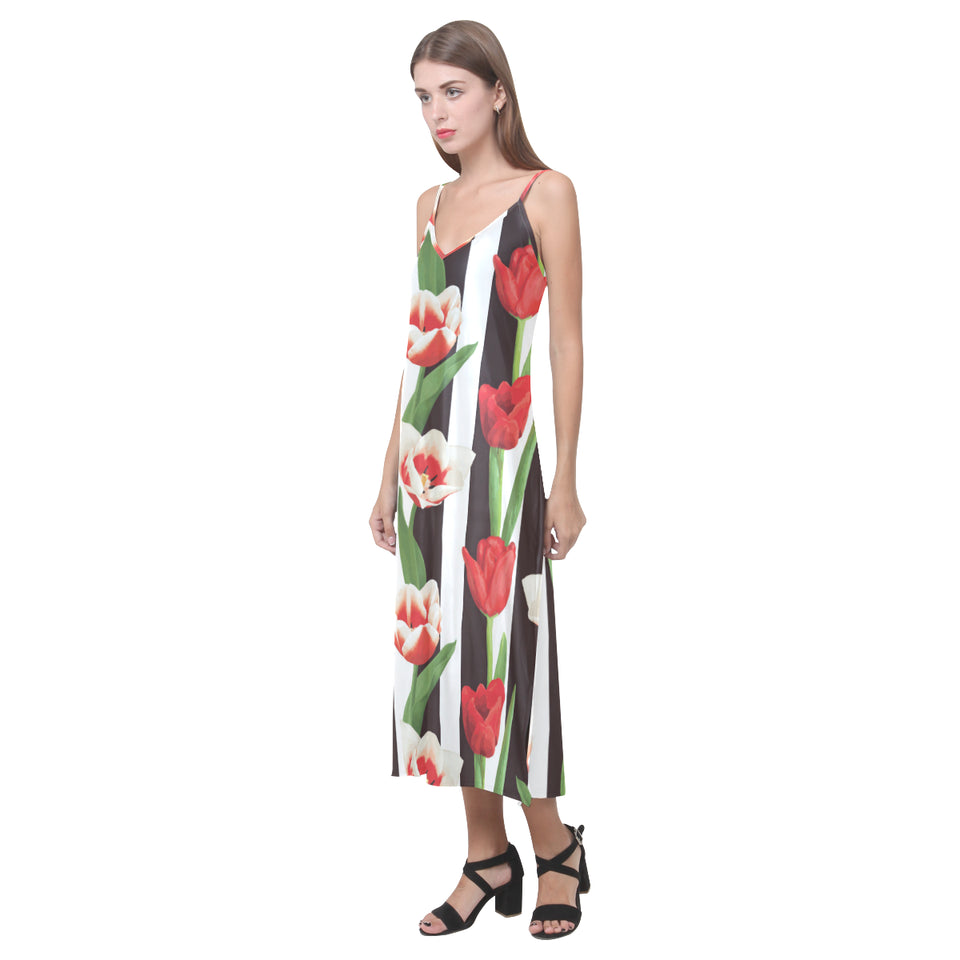 red and white tulips pattern V-Neck Open Fork Long Dress