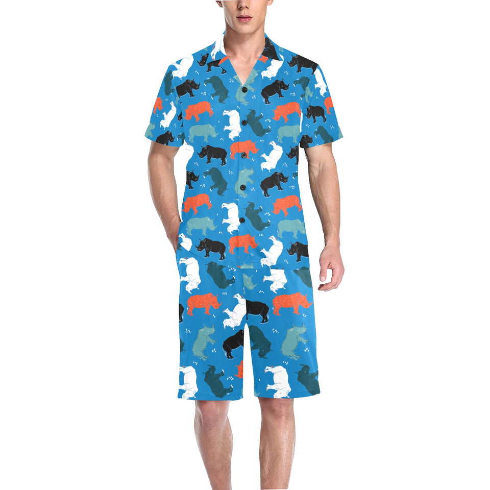 Colorful rhino pattern Men's V-Neck Short Pajama Set