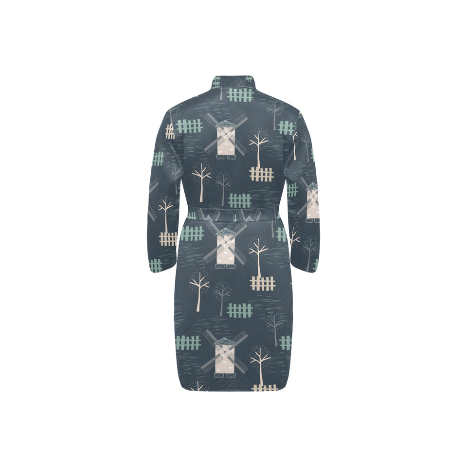 windmill tree pattern Men's Long Sleeve Belted Night Robe
