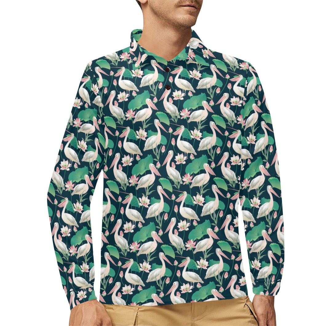 Pelican Pattern Print Design 03 Men's Long Sleeve Polo Shirt